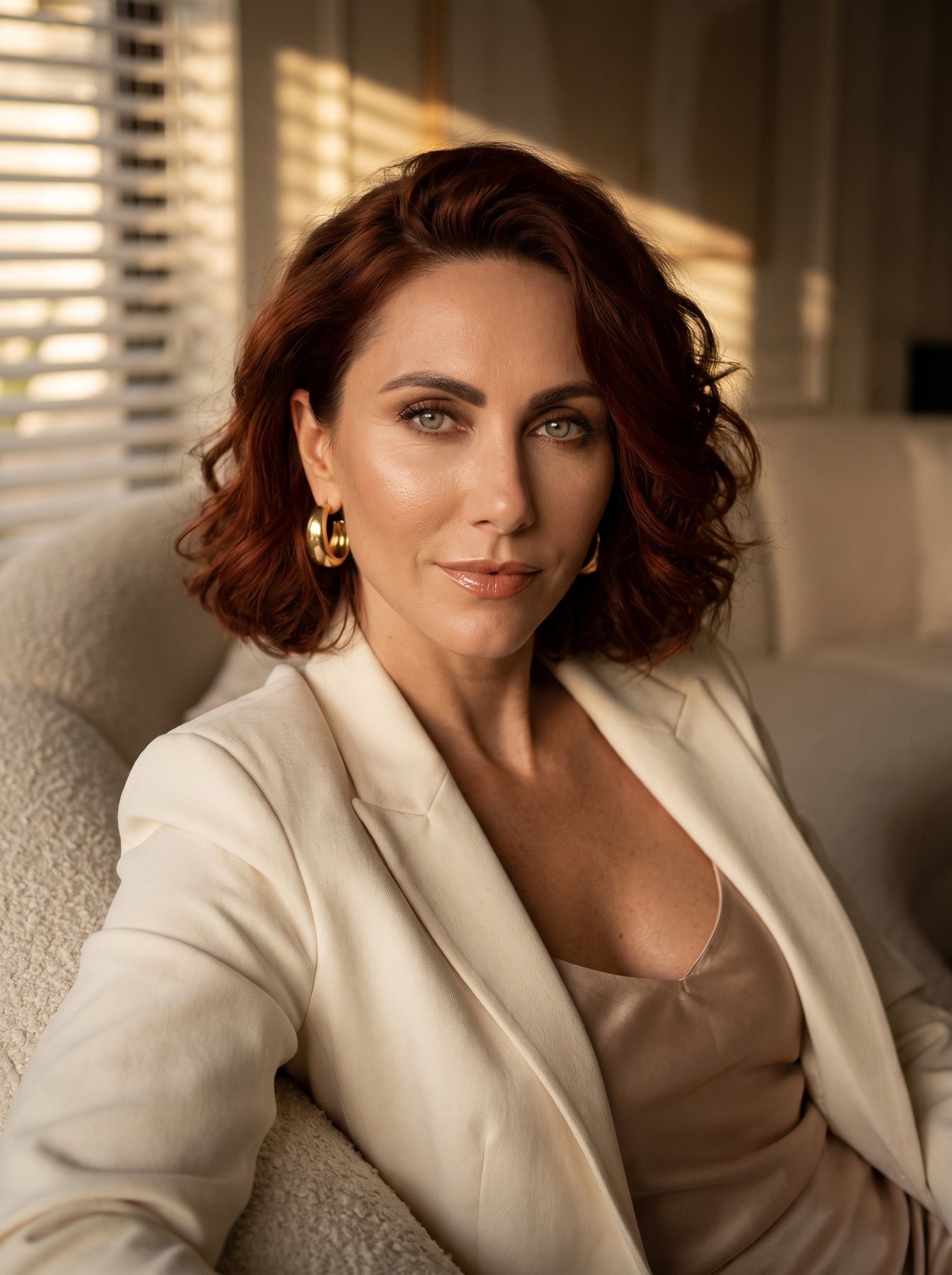 Aniko in a cream blazer on a boucle sofa in window light